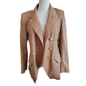 Express Faux Leather Double-Breasted Blazer in Cognac